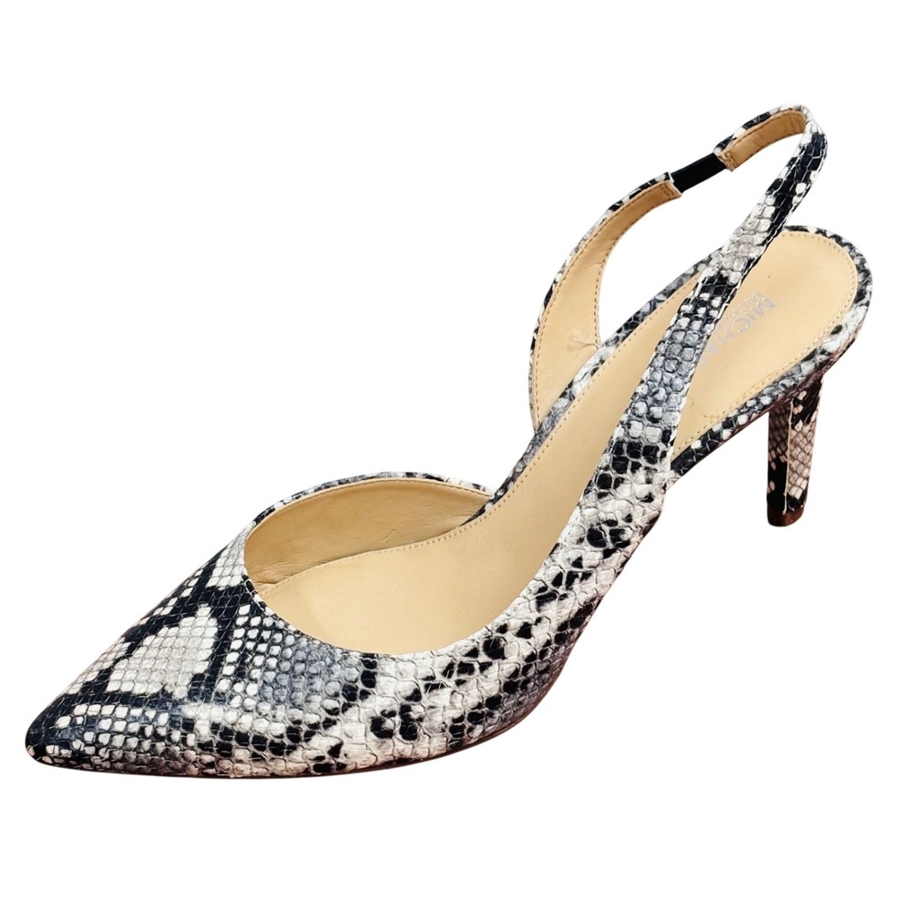Michael Kors Womens Snakeskin Print Leather Slingback Heels Grey Black 10M PV18K